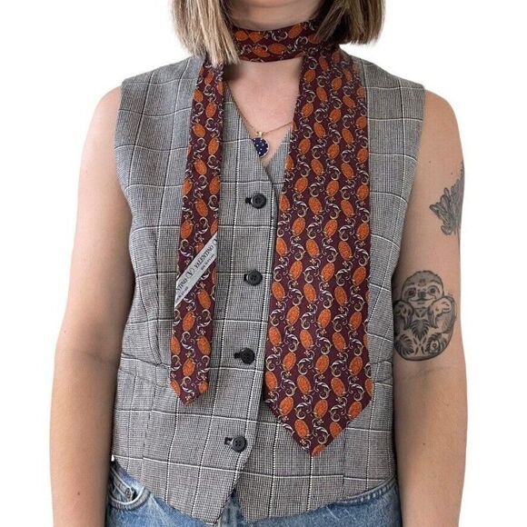 Vintage 1990s Valentino Red Orange 100% Silk Geometric Abstract Preppy Tie - Picture 4 of 4